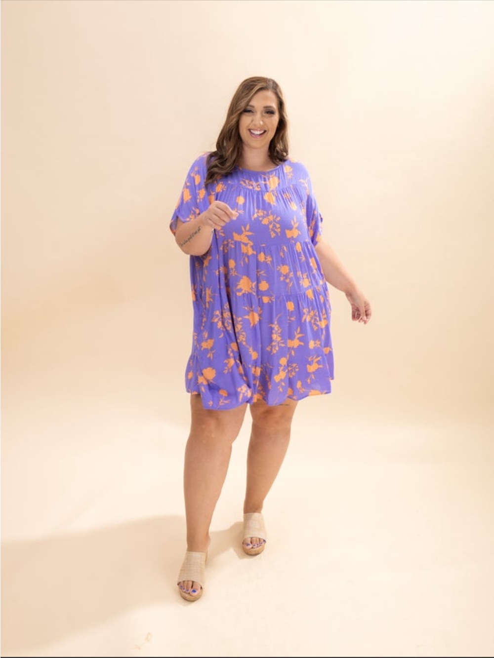 Easel Plus-Size friendly Purple Floral Mini Dress with Orange Coral Print